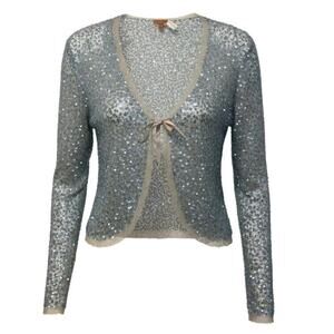 CHAN LUU Sheer Gray Mesh And Blue Sequined Top/Cardigan Tie Front Bow | L Y2K
